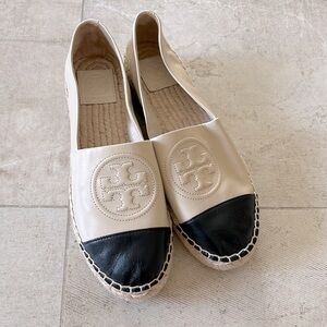 Tory Burch Espadrilles - Cream Leather with Balck tipping - size 7